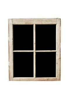 Old residential window frame isolated on white with panes blacked out.