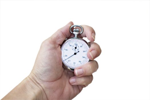 A woman's hand holding a production watch/stop watch and isolated on white.
