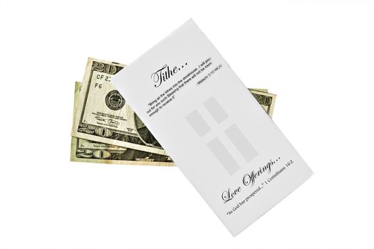 Tithe envelop with cash isolated on white
