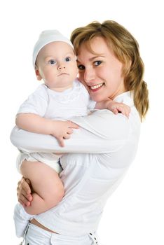 young happy beautiful mother with her little baby against white background