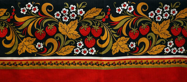 Fabric with the image of a strawberry and colors in Russian style