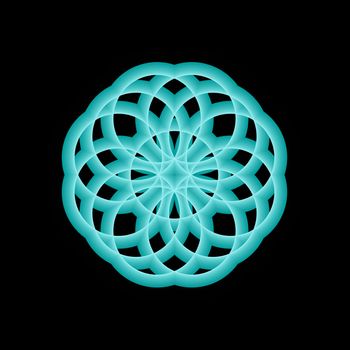 A chrysanthemum shaped fractal done in turquoise on a black background.