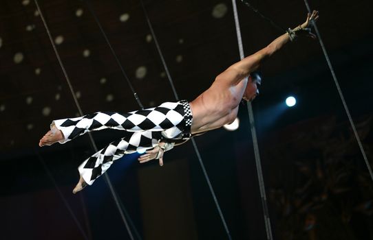 air acrobat carry out exercise on a circus