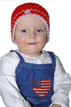 girl, head and shoulders, with embroidery american flag in the views of heart