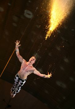 air acrobat carry out dangerous exercise under a dome of a circus