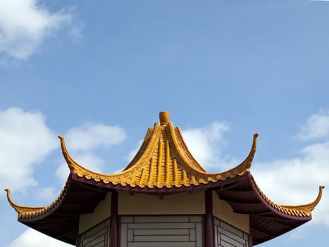 Detail of pagoda roof on blue sky.