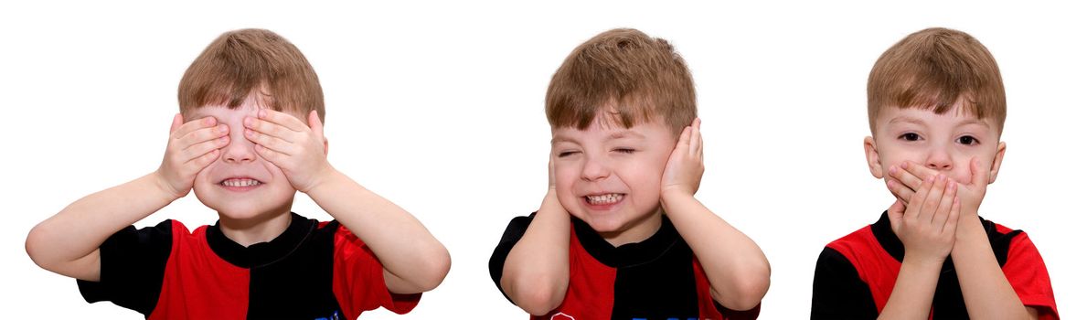 Hear no evil, see no evil and speak no evil, boy isolated on white background