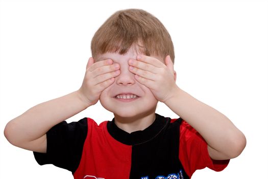 Hear no evil, see no evil and speak no evil, boy isolated on white background