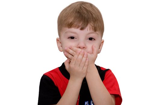 Hear no evil, see no evil and speak no evil, boy isolated on white background