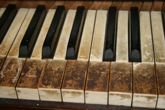 Vintage old piano with damaged keys