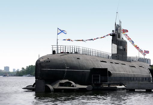 Russian submarine in a museum on water