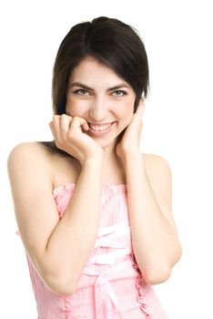 portrait of a beautiful laughing girl isolated against white background