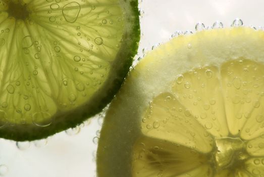 slice of lemon and lime in sparkling water