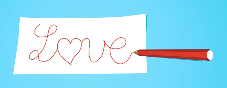 Red pencil that writes Love on a white note