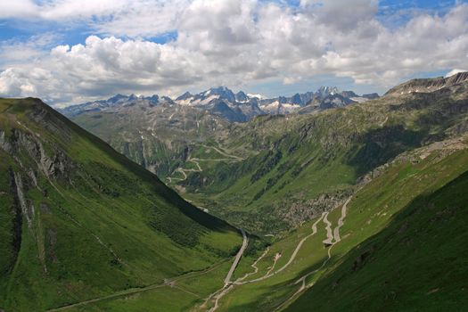 Furkapass in Switzerland with the Bernese Alps in the background.
