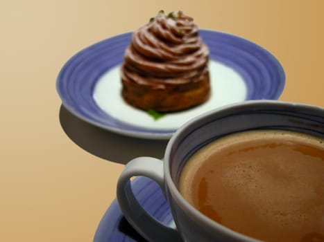 Still life with a coffee cup and cake.Selective focus on the coffee cup.