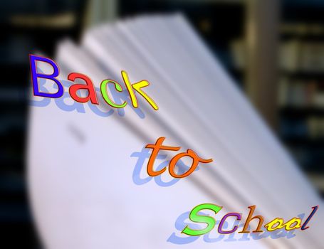 "Back to school" inscription over a blurred library background.
        