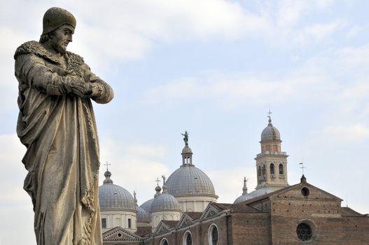 Prato della Valle, Padua Italy Statue of philosopher in front of Basilica Saint Justine 