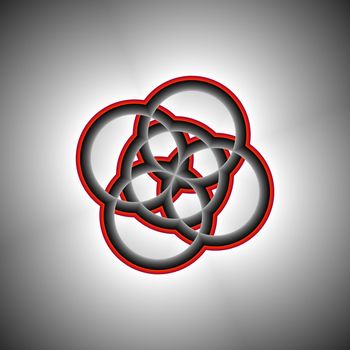 A fractal made up of five overlapping circles. it is done in shades of red and gray on a gray gradient background.