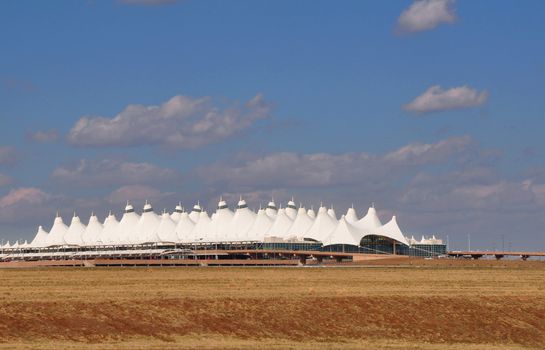 The white distinctive building of the main terminal at Denver International Airport in Colorado.