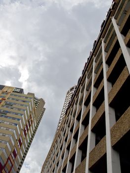 Parking stucture and apartment on a stormy summer afternoon.