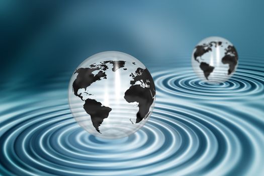 Globes on water ripple background