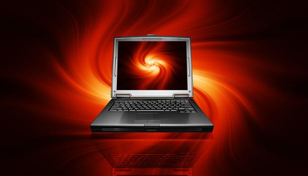 3D render of a laptop on a fiery background