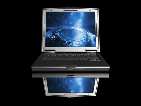 3D render of a black laptop with water drop image on screen