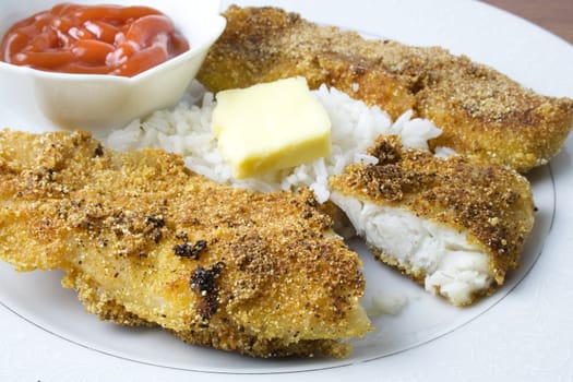 Fried fish with ketchup ready to eat or serve