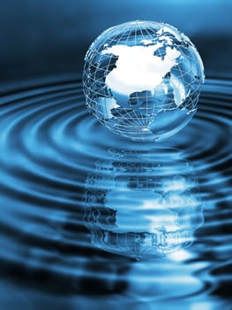Wireframe globe on rippled water with reflection