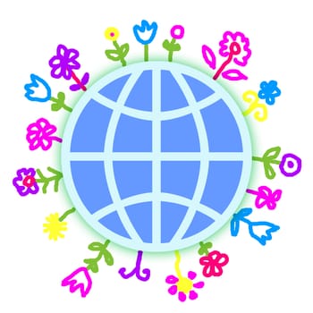 globe with flowers on white background, drawing