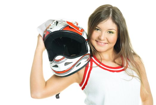 pretty young woman holding a motorcycle helmet, isolated against white background