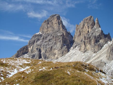 Rock formations in Dolomite Mountains part of italian Alps IX 2007.