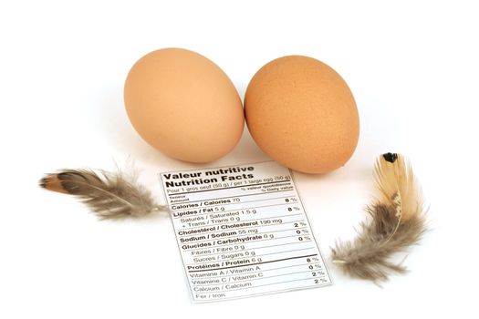 Macro of two eggs with nutrition facts label and feathers