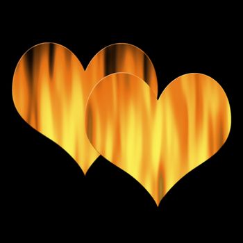 two hearts in flames isolated over black, possible concepts: love, passion, relationship