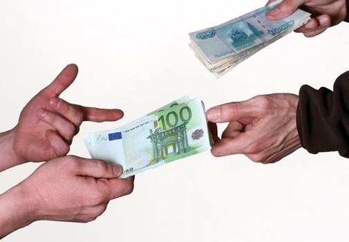 Two men exchange money. Giving money concept