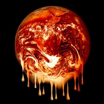 photoshopped image (based on a Nasa public domain image) of a red hot glowing, melting like wax earth isolated on a black background, global warming concept