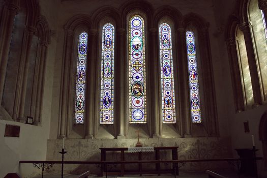 Main Window and Altar in Chetwode Parish Church (former Abbey) in Buckinghamshire, England