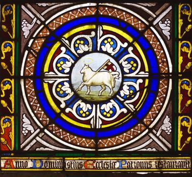  Window picturing the lamb of God carrying the english flag in Chetwode Parish Church (former Abbey) in Buckinghamshire, England