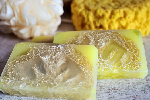 Yellow hand-made soap is made from natural components