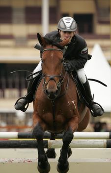 The sportsman on a brown horse jump through an obstacle. The championship of Russia 2006