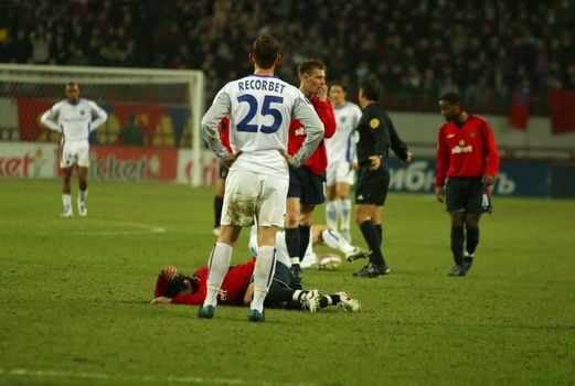 The football player has received a trauma. Football match CSKA-FRANCE in Moscow