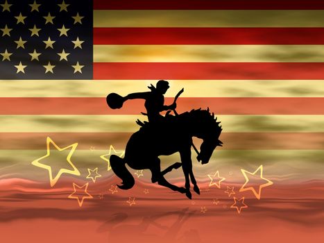 Cowboy riding his horse - American flag in background
