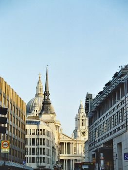 typical London street with St Paul Cathedral