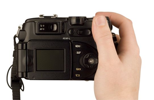 Digital Camera photo in a hand isolated on withe background. lcd screen and background can be easily edited