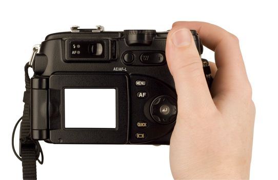 Digital Camera photo in a hand isolated on withe background. lcd screen and background can be easily edited