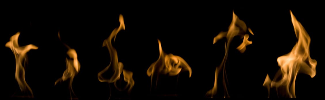 Real fire flames set isolated on black