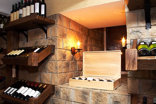 Bottles with wine in a modern wine vault