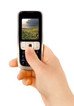 a technology cellular phone holding in a human hand