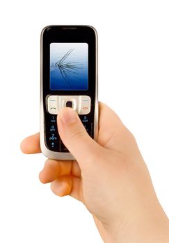 a technology cellular phone holding in a human hand